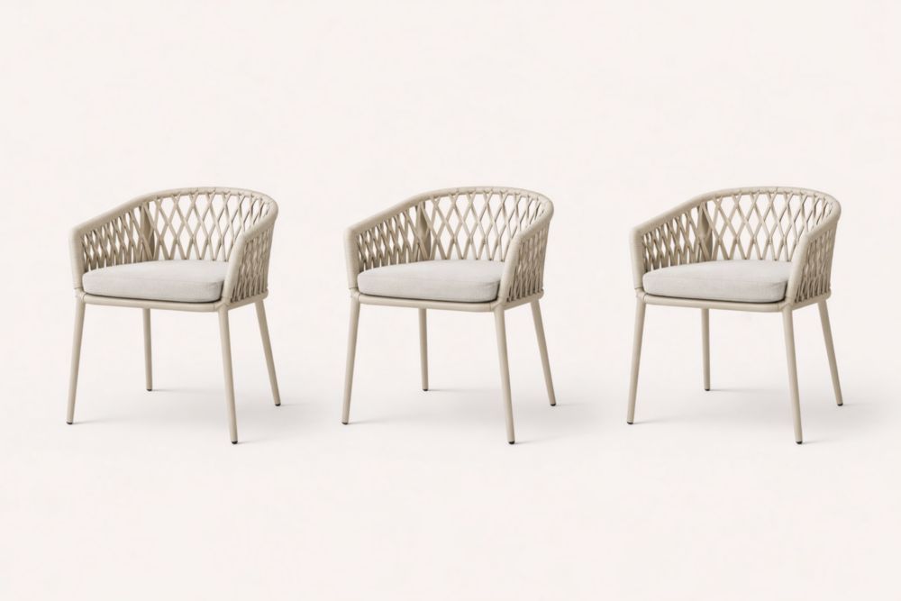 Set of 3 Woven Rope Armchairs with Cushions Beige