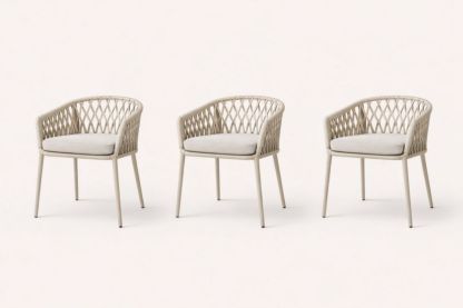 Set of 3 Woven Rope Armchairs with Cushions Beige