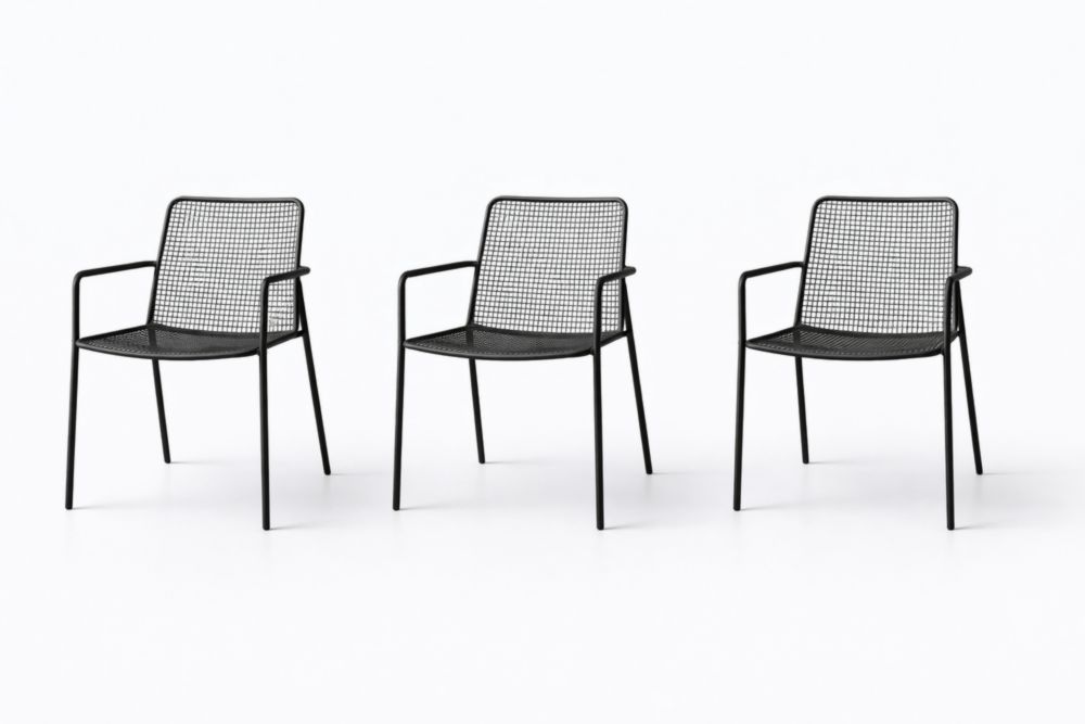 Set of 3 Black Powder-Coated Steel Outdoor Armchairs