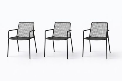 Set of 3 Black Powder-Coated Steel Outdoor Armchairs