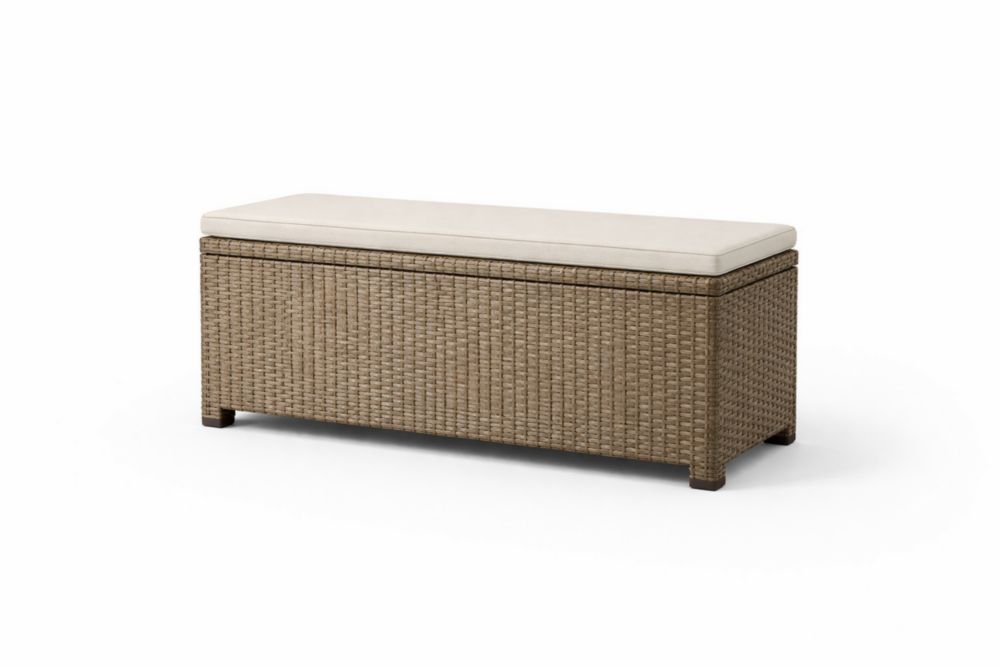 Outdoor Wicker Storage Bench with Beige Cushion 150cm