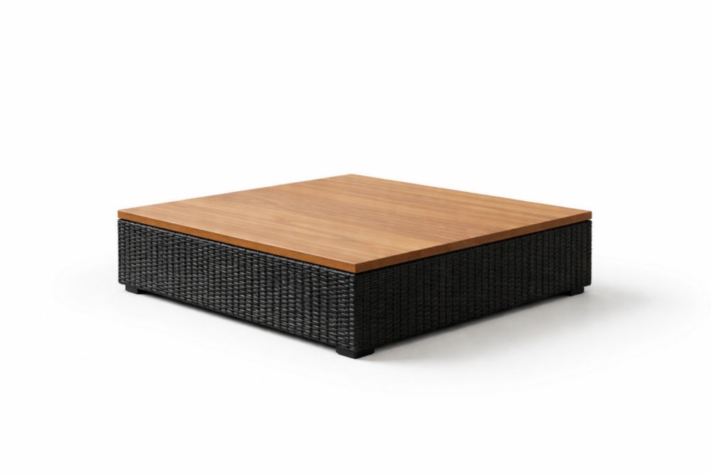 Square Wicker Coffee Table Outdoor Patio Furniture with Teak Wood Top 100cm x 100cm x 30cm Black