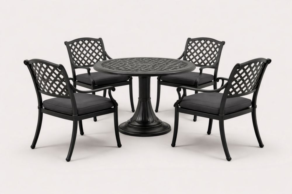 Round Black Aluminum Outdoor Dining Set with Four Cushions