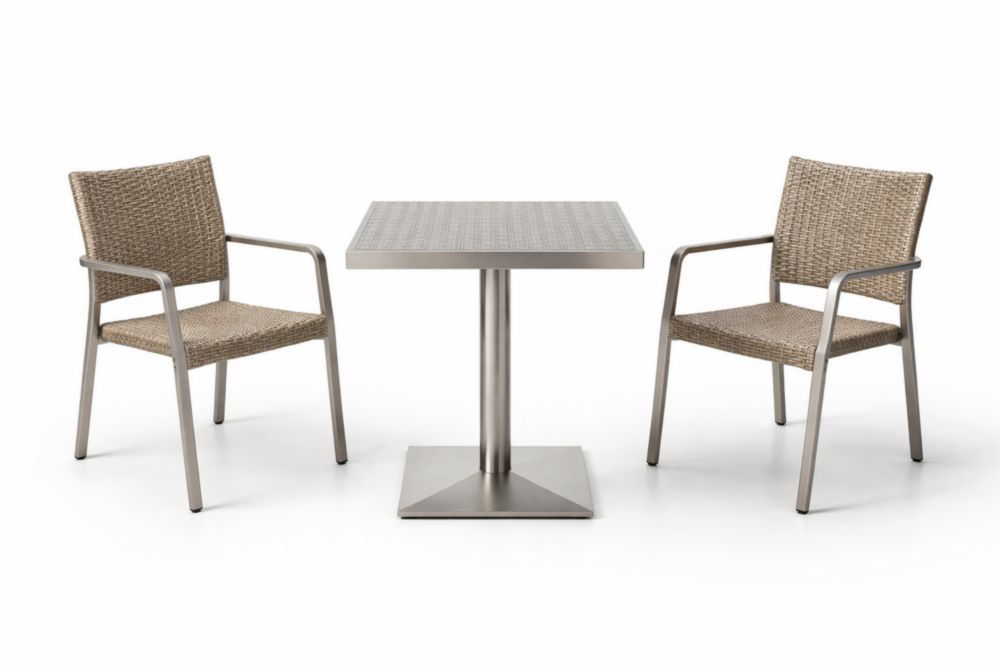 Outdoor Square Dining Table and Armchair Set with Stainless Steel Frame and Beige Woven Resin, 70cm Table Height