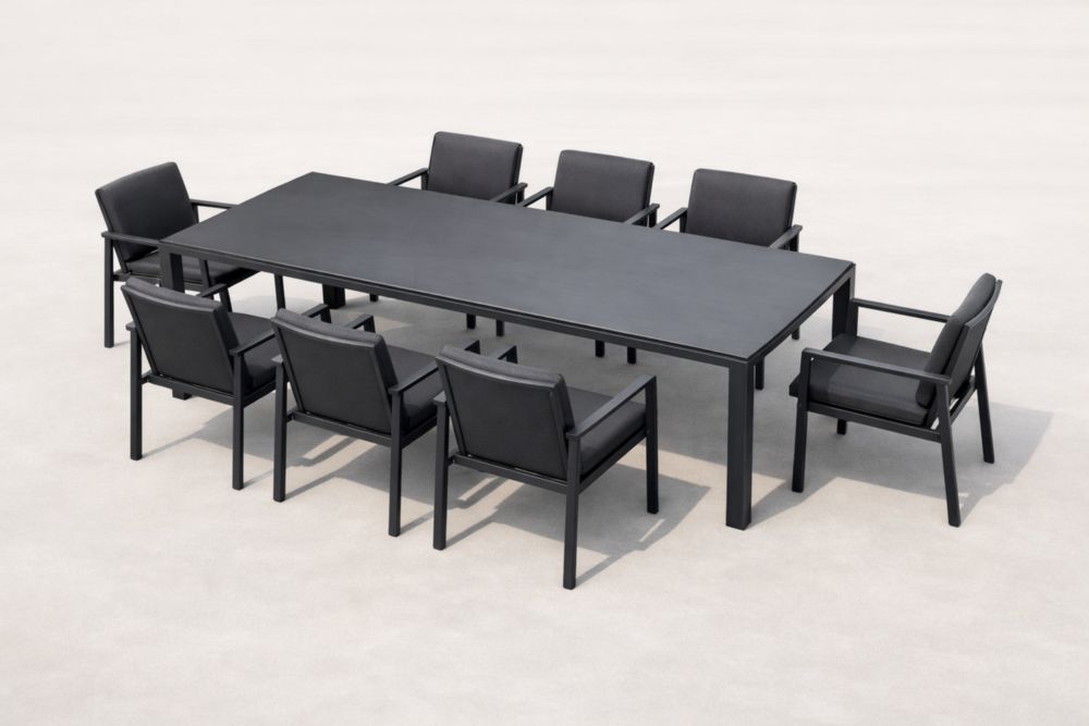Outdoor Dining Set with Rectangular Table and Eight Chairs Aluminum Frame Black