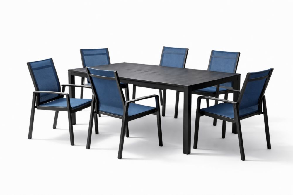 Outdoor Dining Set with 6 Chairs and Rectangle Table - aluminum Frame, Black and Blue