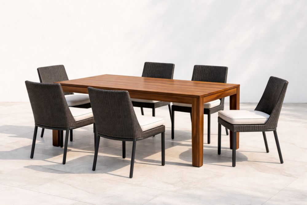 Outdoor Dining Table and Chair Set Acacia Wood with Woven Rattan Chairs and Cushions 6 Seater