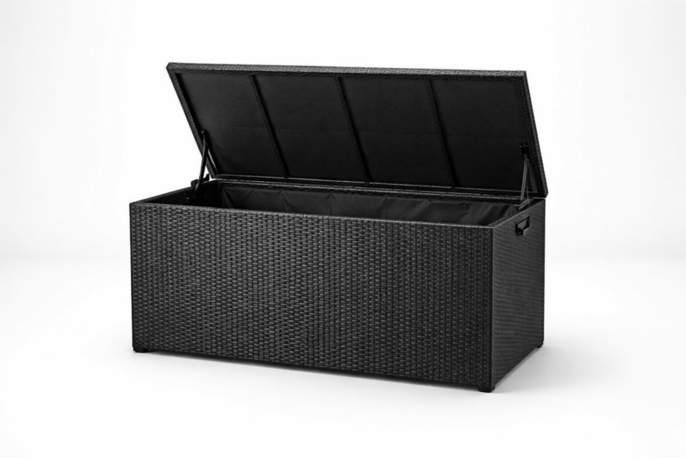 Black Outdoor Polyethylene Wicker Storage Box with Hinged Lid 120x50x60 cm