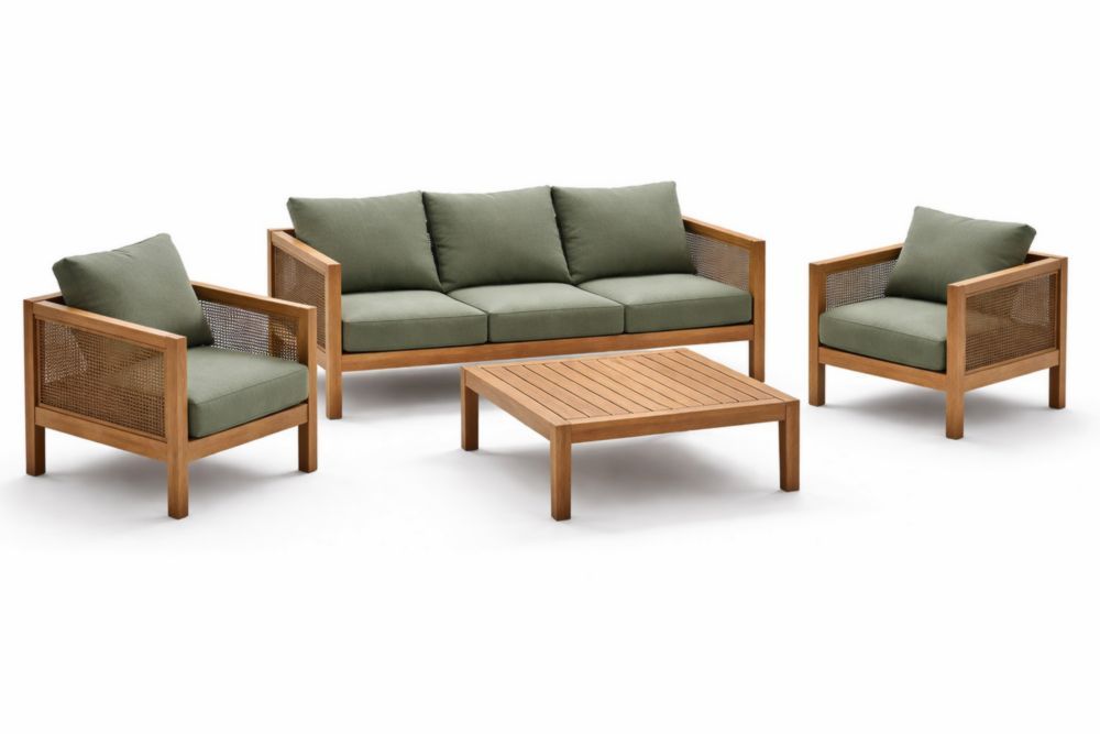 Teak Outdoor Sofa Set with Green Polyester Cushions-Interlivra
