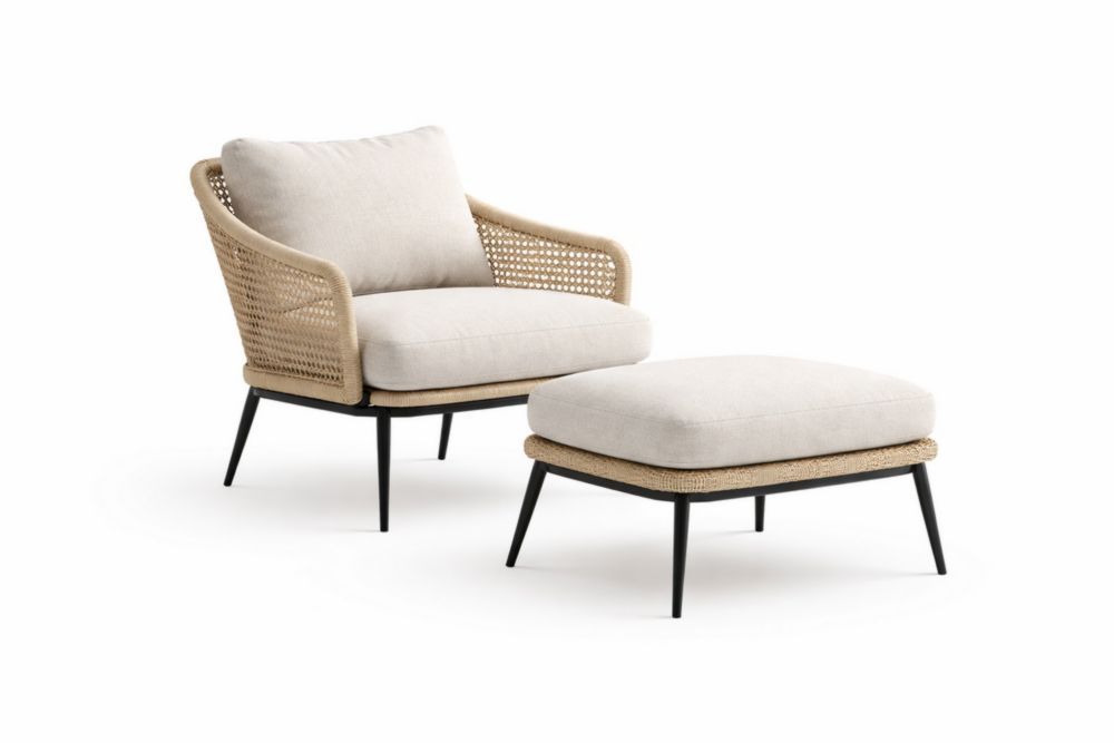 Outdoor Lounge Chair Set with Ottoman Beige Cushions Woven Rattan Frame-Interlivra