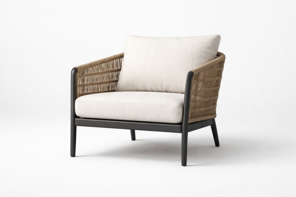 Rattan and Steel Armchair with Beige Cushions 90cm x 85cm x 75cm-Interlivra
