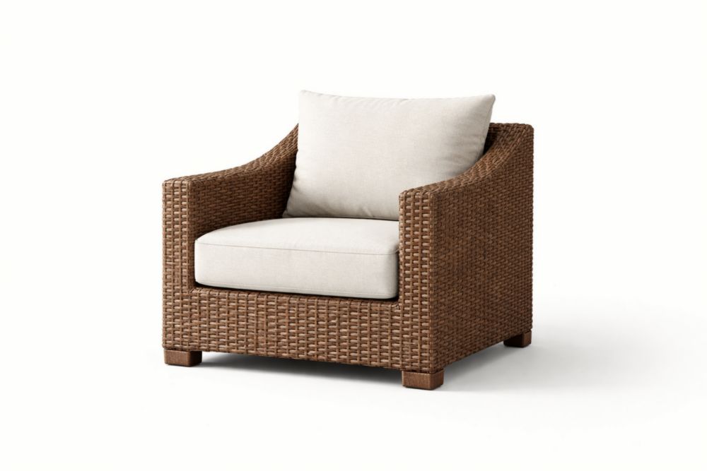 Wicker Armchair with Beige Cushion Brown Polyester and Foam-Interlivra