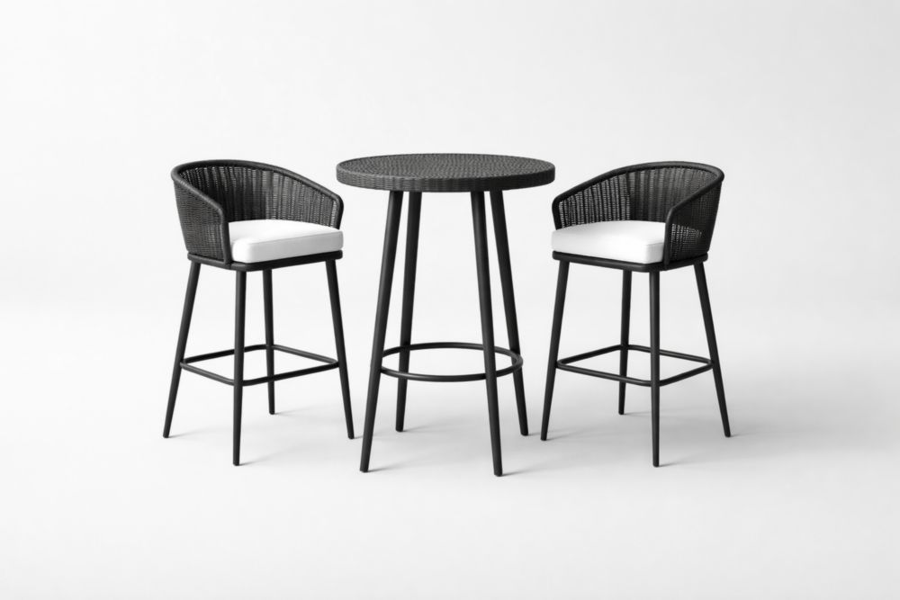 Black Wicker Metal Bar Set with White Cushions High Table and Chairs-Interlivra