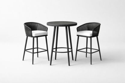 Black Wicker Metal Bar Set with White Cushions High Table and Chairs-Interlivra