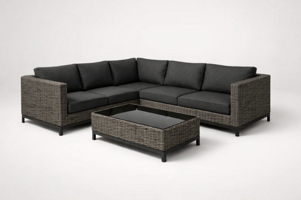 Outdoor Patio Sectional Sofa Set PE Wicker Aluminum Frame Black Cushions-Homedorya