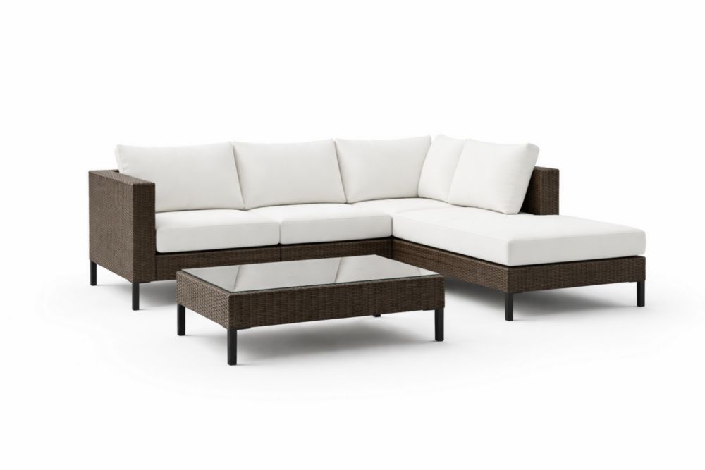 3-Piece Wicker Outdoor Sectional Sofa Set with Glass Top Table, White Cushions-Homedorya