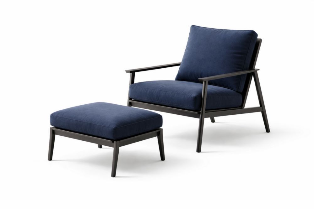Outdoor Lounge Chair and Ottoman Set with Aluminum Frame and Blue Cushions-Homedorya