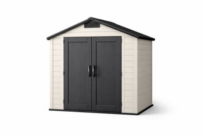 Outdoor Storage Shed with Double Door, Resin, Beige/Black, 190x130x215 cm-Casakento
