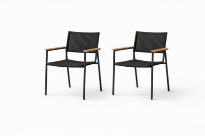 Outdoor Armchair Set Black Woven Aluminum Frame with Wooden Armrests-Casakento