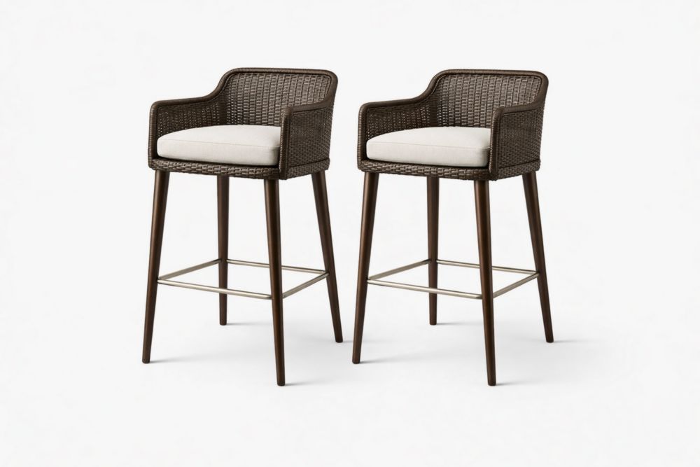 Set of 2 Outdoor Bar Stools with Rope Frame and Steel Legs in Brown/Beige-Livosoria