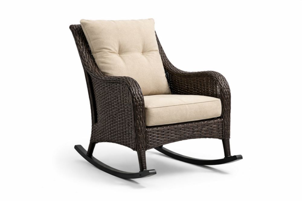 Brown Wicker Rocking Chair with Beige Cushions-Livosoria