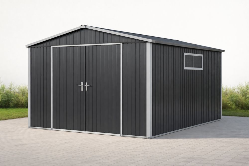 Galvanized Steel Storage Shed with Double Hinged Door – Black, Powder-Coated Finish, Ventilation Window, 305 cm x 366 cm-Livosoria