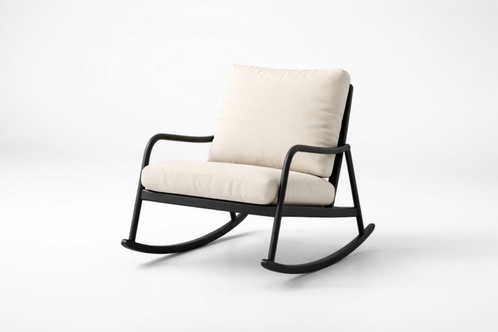 Black Steel Rocking Chair with Beige Fabric Upholstery-Livosoria