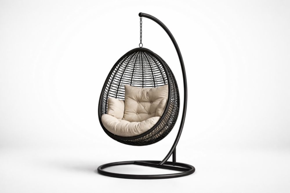 Hanging Egg Chair with Stand Black Rattan Beige Cushion-Livosoria