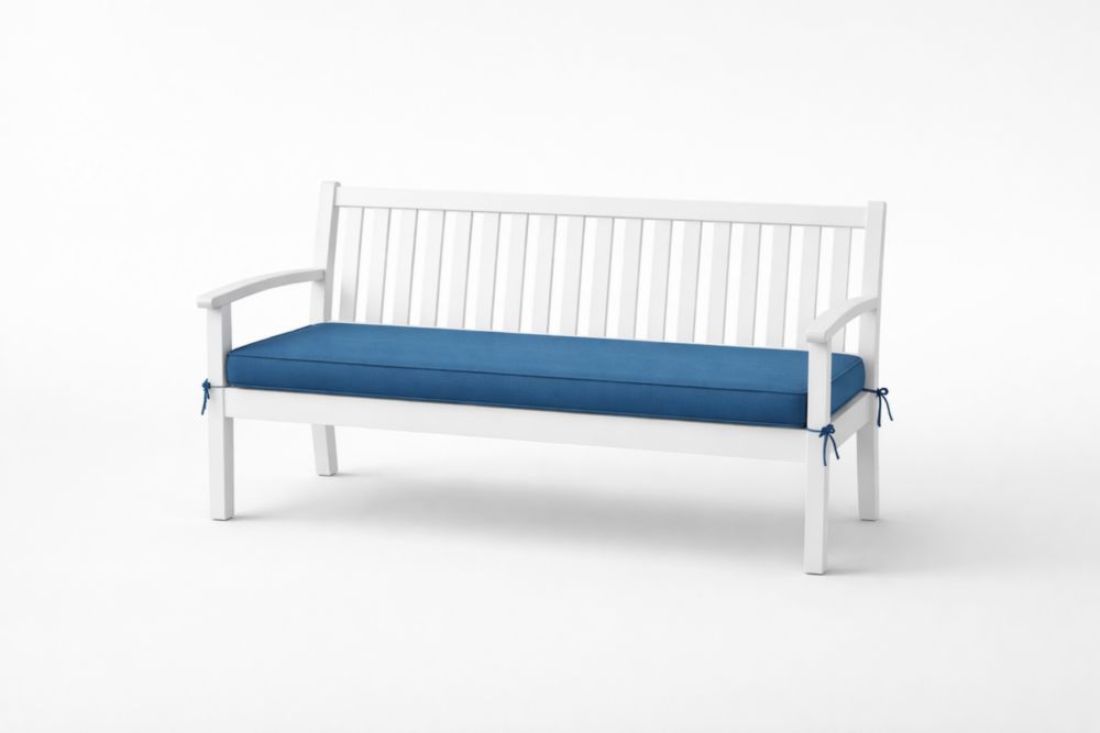 Outdoor Wooden Bench White Frame with Blue Cushion-Livosoria