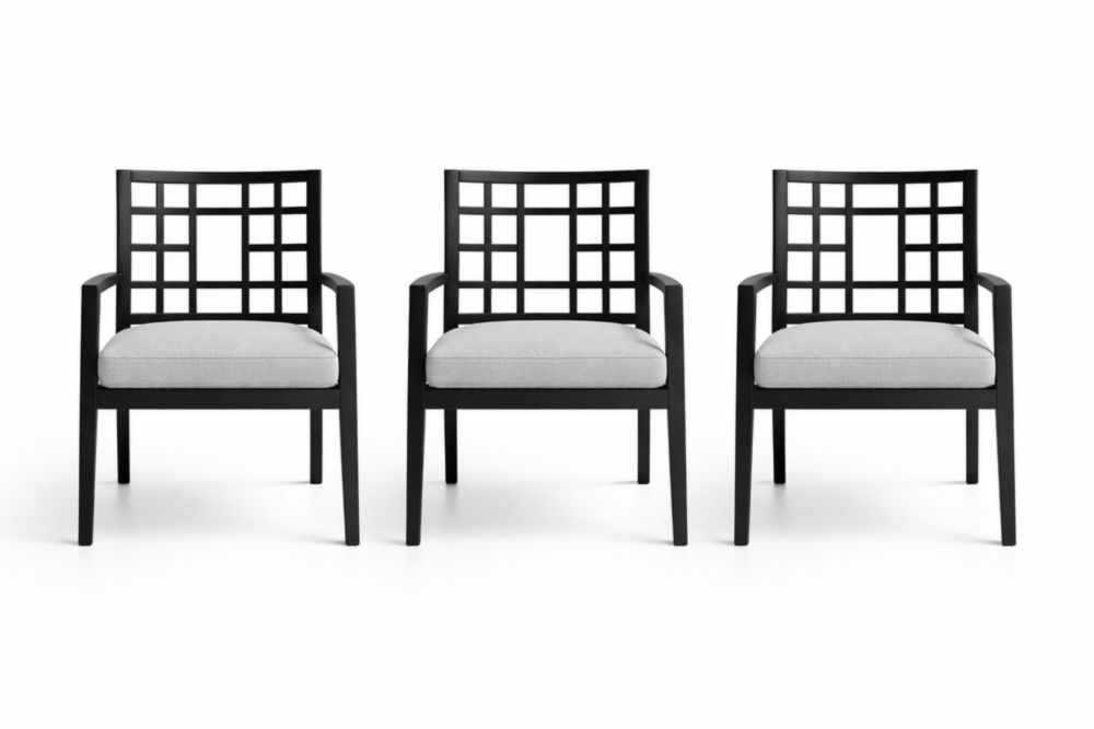 Set of 3 Black Wood Frame Accent Chairs with Grey Cushions