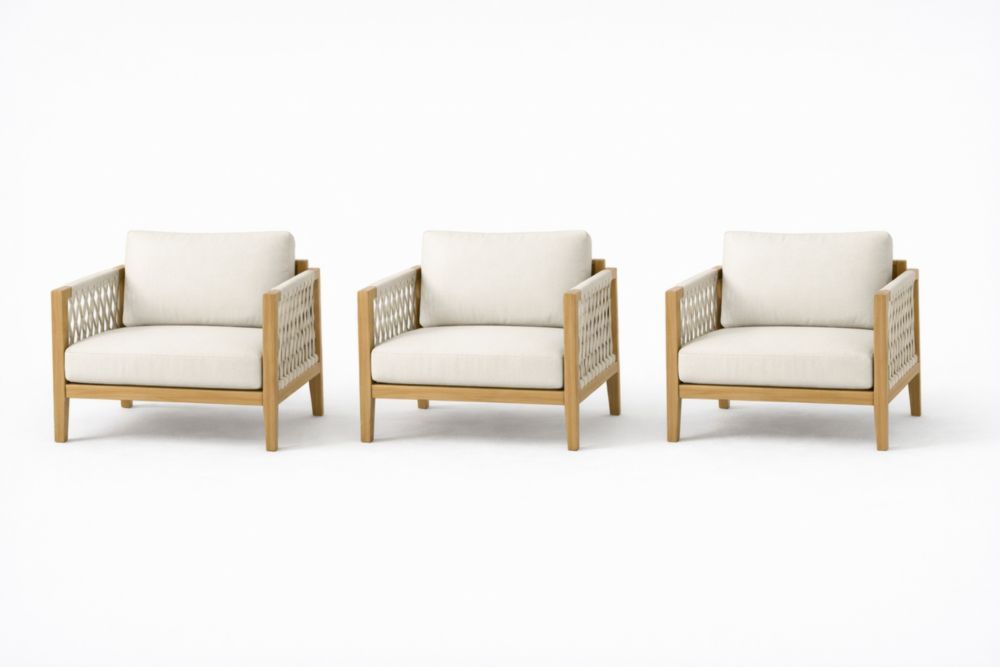 Teak Outdoor Lounge Chairs Set of 3 with Beige Cushions