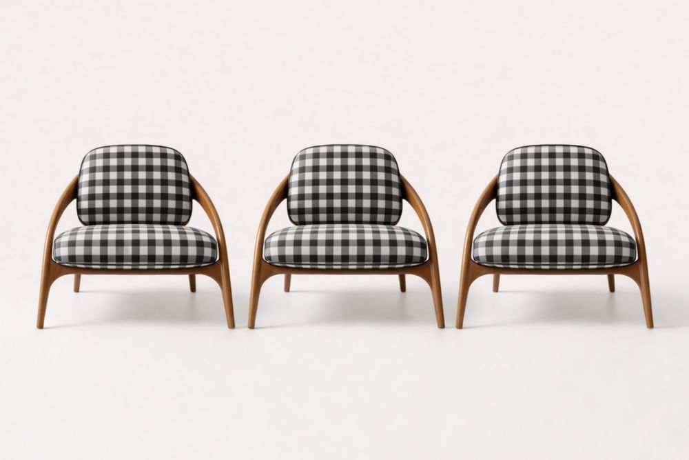 Set of 3 Wooden Frame Lounge Chairs with Checkered Cushions