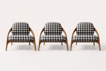 Set of 3 Wooden Frame Lounge Chairs with Checkered Cushions