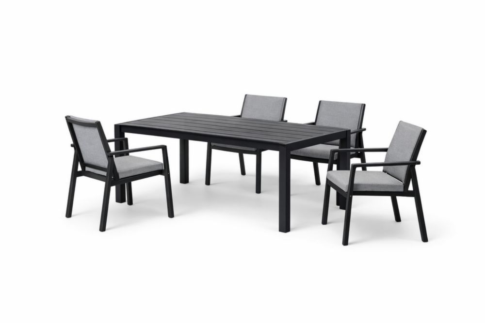 Aluminum Outdoor Dining Set with Black Table and Grey Cushions