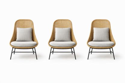 Set of 3 Rattan Lounge Chairs with Cushions Beige Wicker Steel Frame