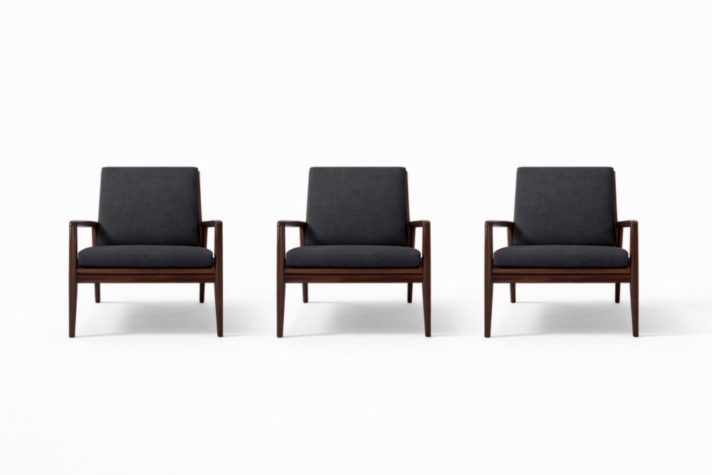 Set of 3 Dark Gray Fabric Armchairs with Solid Wood Frame