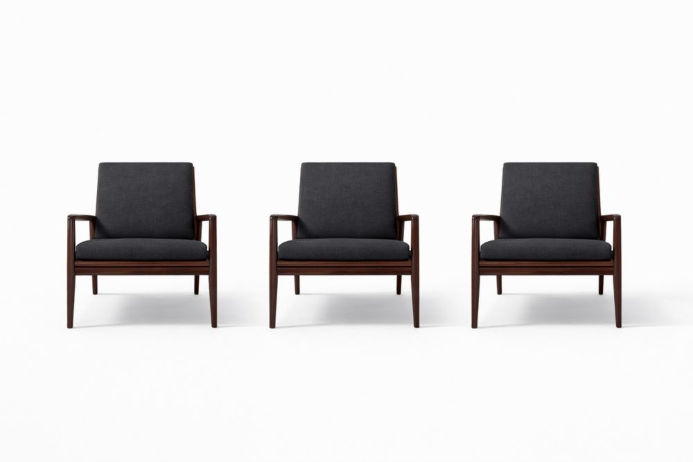 Set of 3 Dark Gray Fabric Armchairs with Solid Wood Frame