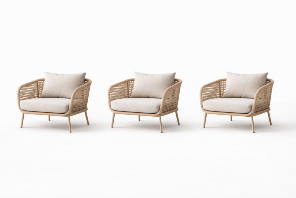 Outdoor Lounge Chair Set, Woven Rattan, Beige Cushions