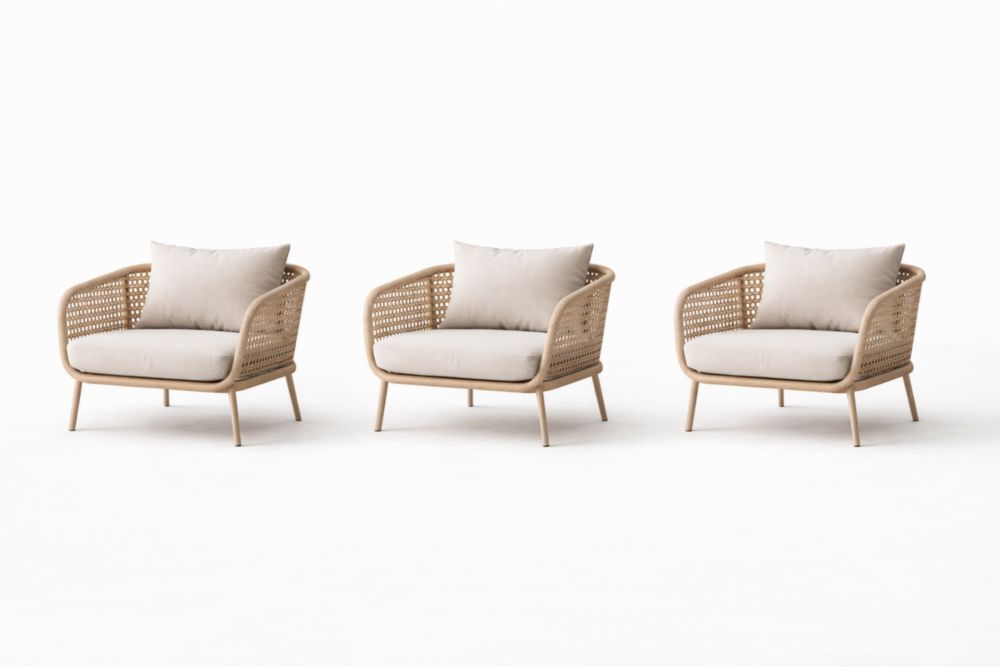 Outdoor Lounge Chair Set, Woven Rattan, Beige Cushions