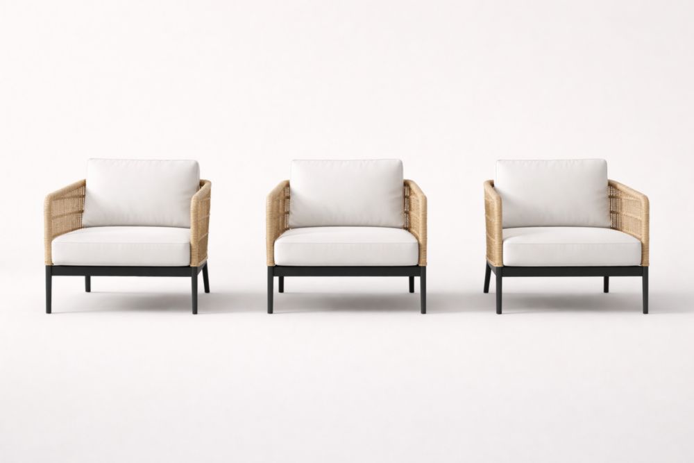 Wicker Armchair Set with Cushions Beige Black 3-Pack