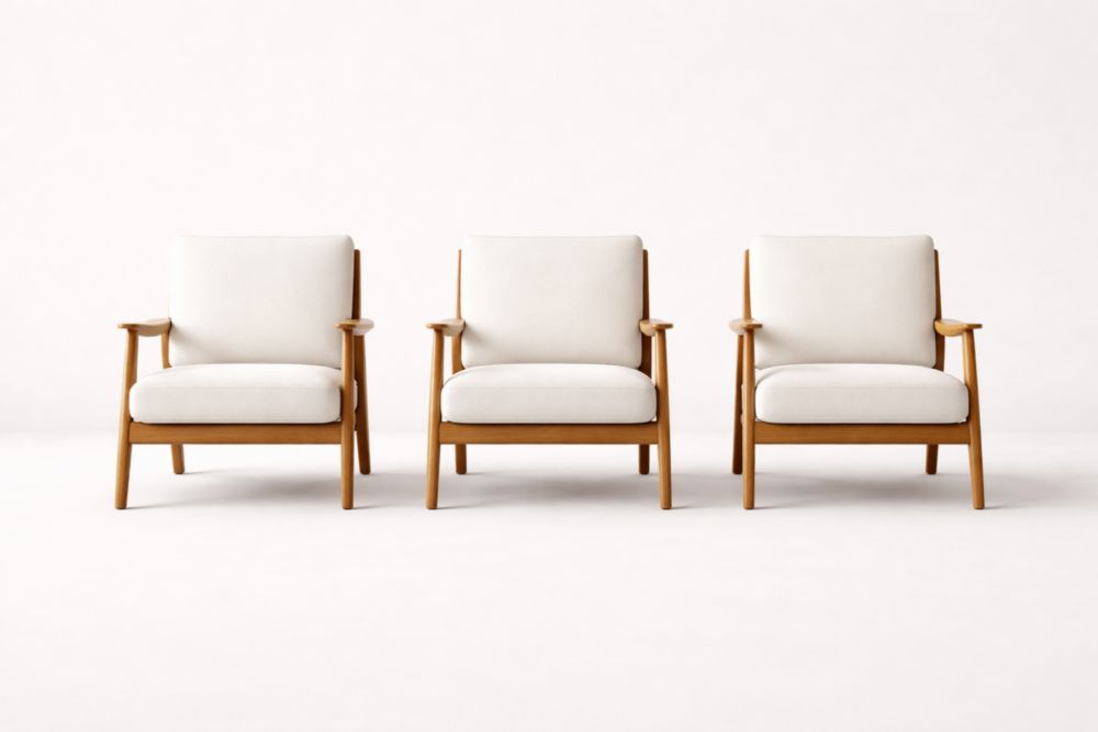 Set of 3 Wooden Frame Armchairs with White Fabric Upholstery