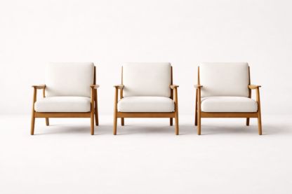 Set of 3 Wooden Frame Armchairs with White Fabric Upholstery