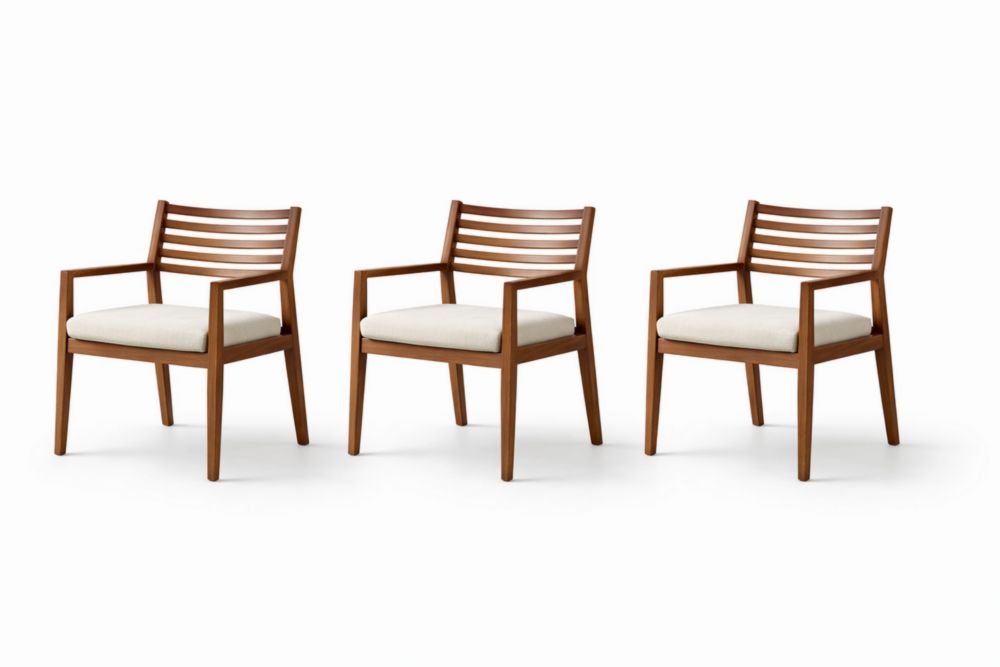 Set of 3 Wooden Armchairs with Cushioned Seats and Slatted Back in Walnut Brown