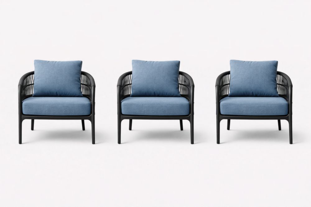 Set of 3 Outdoor Lounge Chairs with Cushions Blue and Black Steel Frame