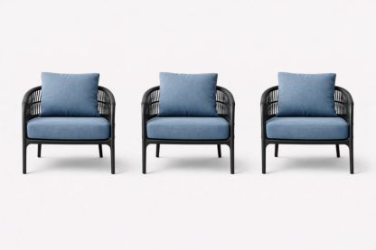 Set of 3 Outdoor Lounge Chairs with Cushions Blue and Black Steel Frame