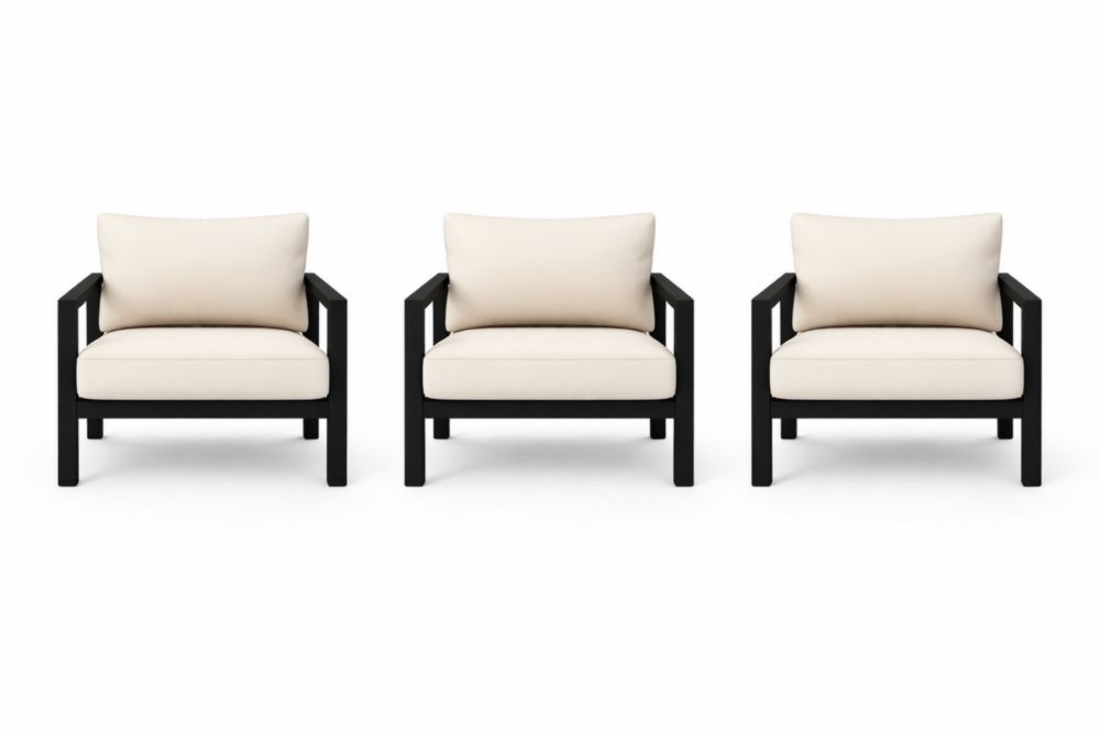 Set of 3 Beige Cushioned Armchairs with Black Metal Frame