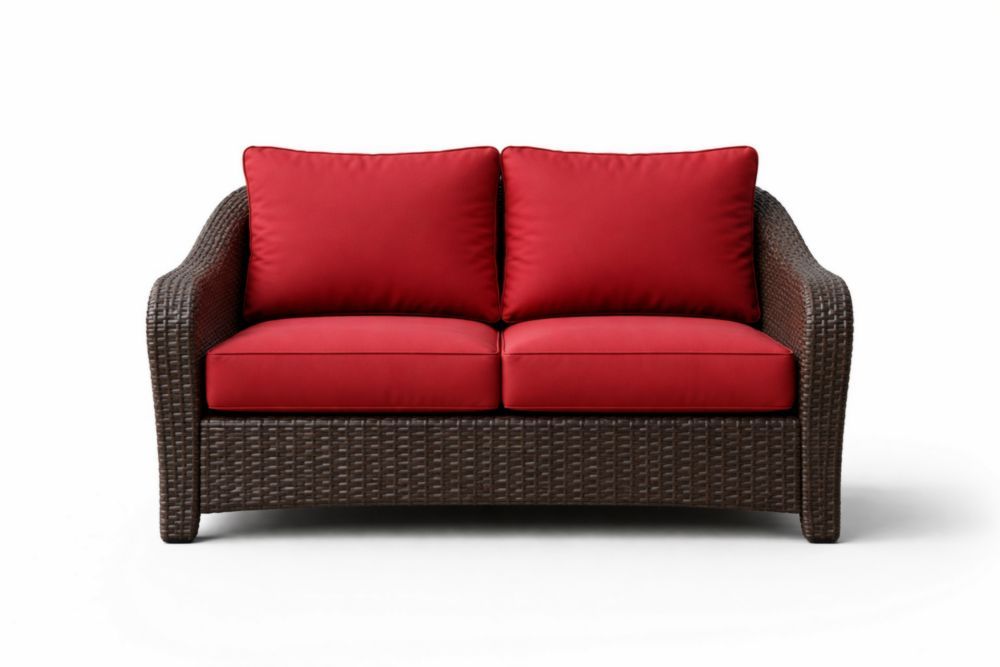 Wicker Loveseat with Red Cushions, 127cm x 72cm x 86cm