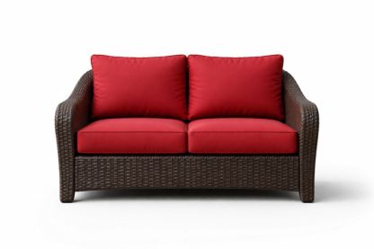 Wicker Loveseat with Red Cushions, 127cm x 72cm x 86cm