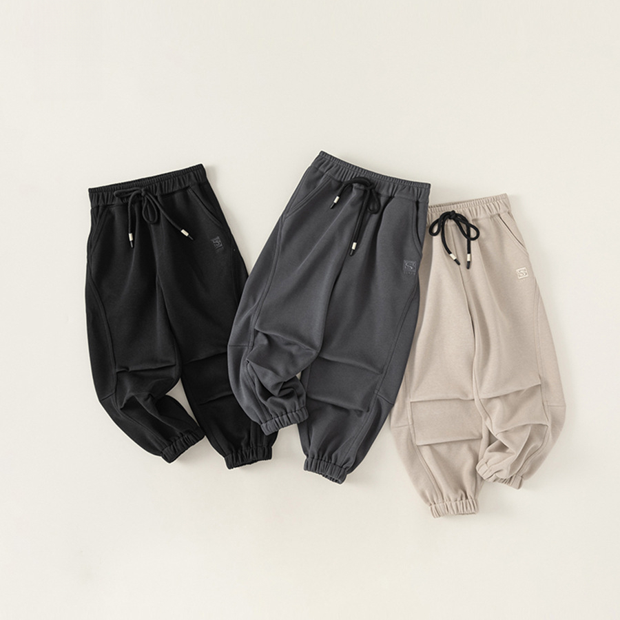 童裝男童束腳褲休閒外出長褲中大童工裝褲純色百搭寬鬆運動褲
