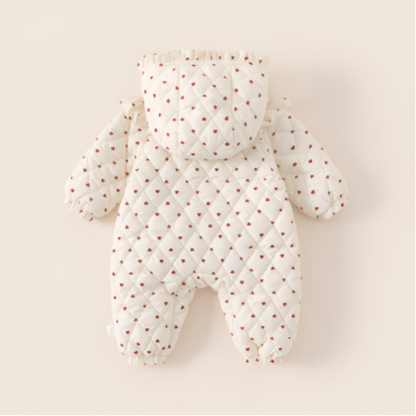 秋款童裝愛心印花女寶寶衣服花邊圓領新生兒爬服女童連體衣